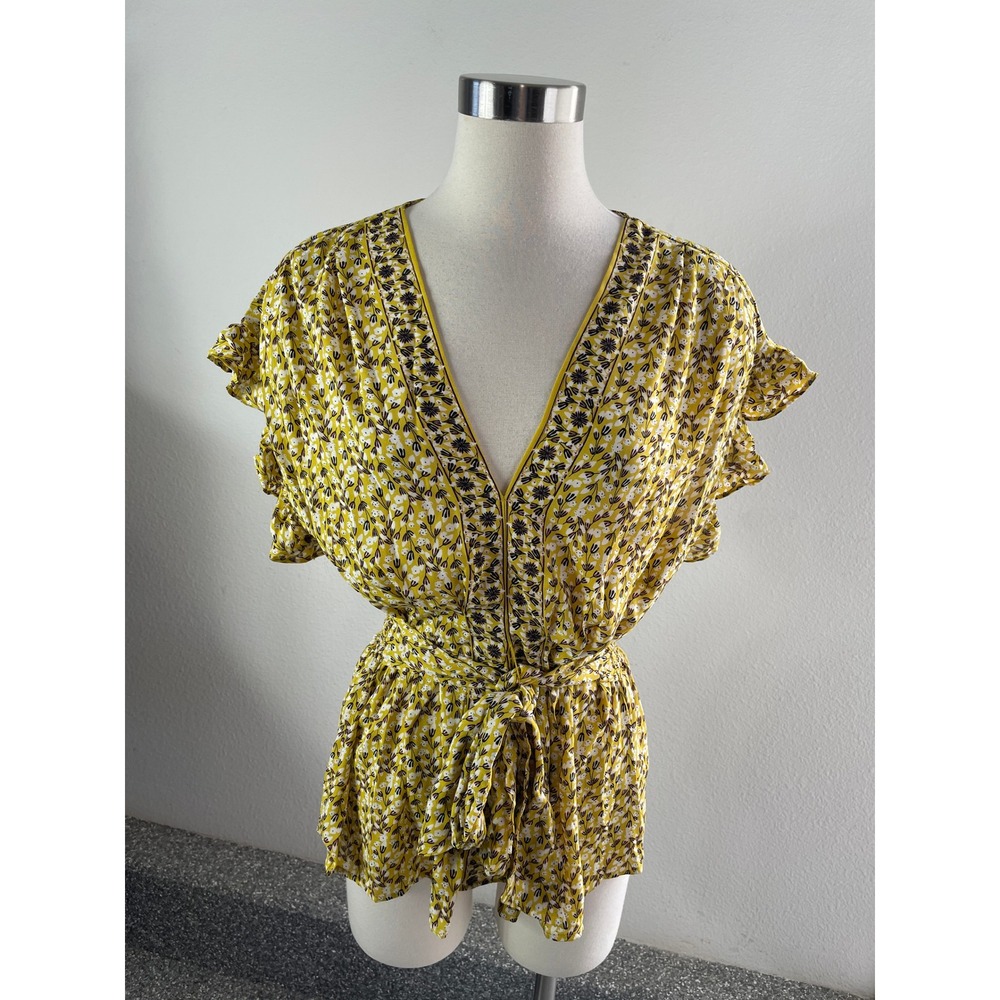 Max Studio Womens Large‎ Yellow Floral V Neck Flutter Sleeve Blouse Top